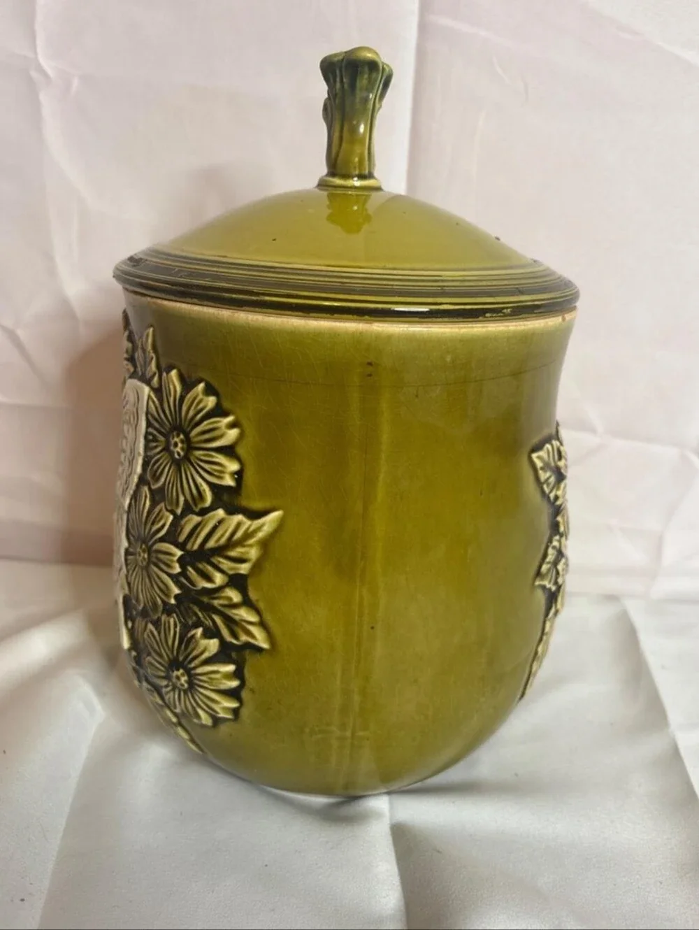 Vintage Mid-Century Olive Green Ceramic Butterfly Cookie Jar - Retro 1970s